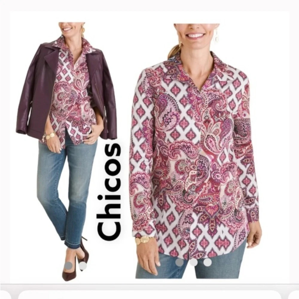 Chicos No Iron Paisley Mix Print Button Down Shirt, Chicos size 4 (2XL)